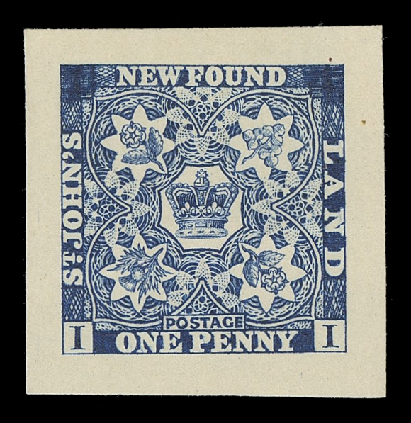 THE AFAB COLLECTION - NEWFOUNDLAND TRADE SAMPLE PROOFS Plate 1A, Paper 10,(1929 - defaced state) Trade Sample Die Proofs printed in blue on the scarcer thick yellowish wove paper (0.006" to 0.007" thick), the complete set of nine including both dies of 3p. A remarkable set in pristine condition, XF