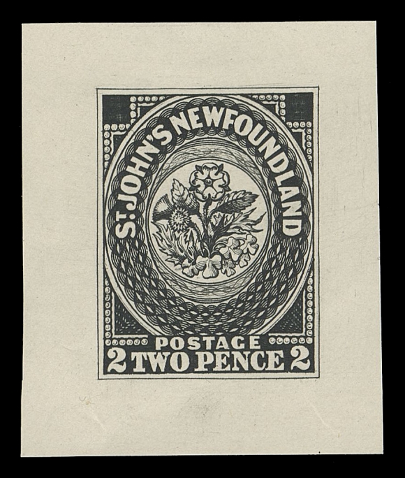 THE AFAB COLLECTION - NEWFOUNDLAND TRADE SAMPLE PROOFS Plate 1A, Paper 9,(1929 - defaced state) Trade Sample Die Proofs printed in black on white diagonal mesh wove paper (0.004" to 0.0045" thick), the complete set of nine including both dies of 3p. An exceptional set, XF