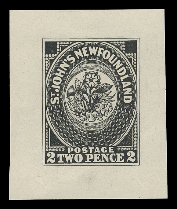 THE AFAB COLLECTION - NEWFOUNDLAND TRADE SAMPLE PROOFS  Plate 1A, Paper 9,(1929 - defaced state) Trade Sample Die Proofs printed in black on white diagonal mesh wove paper (0.004" to 0.0045" thick), the complete set of nine including both dies of 3p. An exceptional set, XF