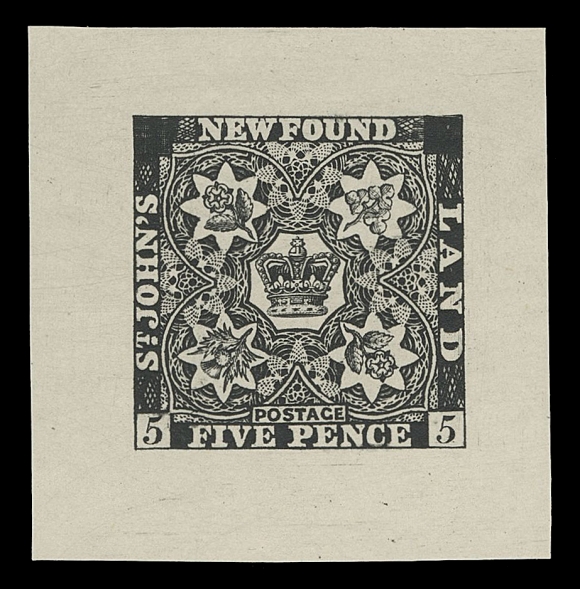 THE AFAB COLLECTION - NEWFOUNDLAND TRADE SAMPLE PROOFS Plate 1A, Paper 9,(1929 - defaced state) Trade Sample Die Proofs printed in black on white diagonal mesh wove paper (0.004" to 0.0045" thick), the complete set of nine including both dies of 3p. An exceptional set, XF