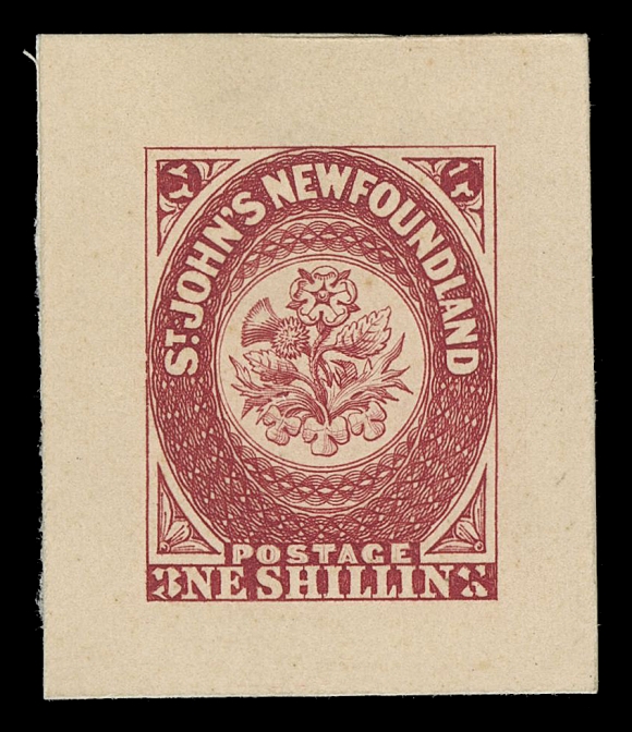 THE AFAB COLLECTION - NEWFOUNDLAND TRADE SAMPLE PROOFS Plate 6, Paper 13,(1929 - defaced) Trade Sample Proofs in black, carmine red, vermilion, blue green, brown and blue, all on stiff yellowish card (0.0085" to 0.0095" thick) with defacing marks in corners found only on this plate; also similar proof 1sh black on Paper 9 - thin white diagonal mesh wove paper (0.0045" thick). An impressive lot, VF-XF