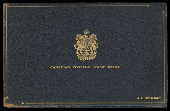 THE AFAB COLLECTION - CANADA  Royal blue leather 255 x 163mm with gold embossed Canada Coat of Arms and inscribed "CANADIAN POSTAGE STAMP ISSUES" below with surrounding frameline, "A. L. Schomp" at lower right corner. Two-post booklet holding 18 pages and glassine interleaves, engraved inscriptions at foot of each page indicating stamps shown - 1927 Confederation, 1927 Special issue, Regular Issue 1928 (Scroll), Regular Issue 1930 (Arch), Regular Issue 1932 (Medallion), 1935 Regular Issue (KGV Pictorial), etc. In all 85 stamps affixed to pages; some edge wear to booklet. Very few of these booklets were custom-made for a select group of people; to the best of our knowledge this is the first such limited edition booklet we have seen, F-VF