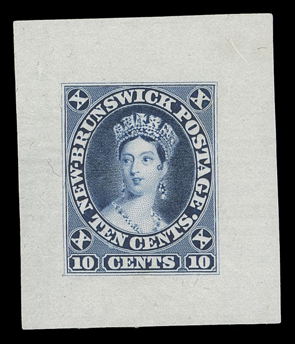 THE AFAB COLLECTION - NEW BRUNSWICK  9,"Goodall" Die Proof, engraved, printed in deep blue on india paper 32 x 37mm, originating from the Compound Die (composed of a 5c Connell at left and a 10c Victoria at right), remarkably choice and with vibrant colour, very scarce, XF