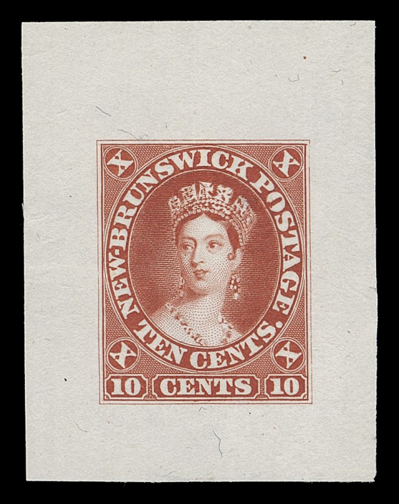 THE AFAB COLLECTION - NEW BRUNSWICK  9,Engraved Die Proof printed in vermilion, colour of issue on india paper 31 x 40mm; minute thin, still a very scarce and desirable proof in issued colour, VF