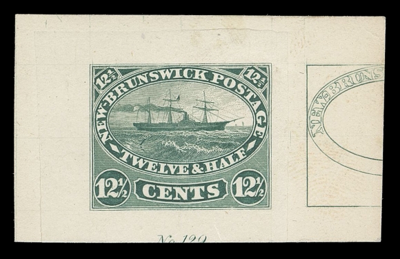THE AFAB COLLECTION - NEW BRUNSWICK  10,“Goodall” Compound Die Proof engraved in bluish green on india paper 31 x 26mm, sunk on card 47 x 29mm, showing the complete stamp and a progressive proof of the oval with inside lettering, visually striking and rare, XF; ex. Dr. Lewis Reford (Part Three, March 1951; Lot 1081) 