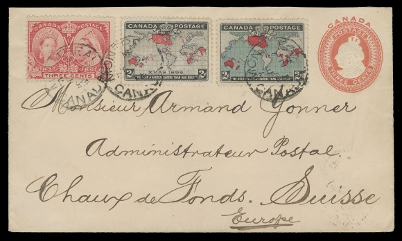 THE AFAB COLLECTION - CANADA  1899 (February 24) 3c Queen Victoria postal envelope uprated with 3c Jubilee and two shades of the 2c Map tied by Montreal postmarks, paying 10c double UPU letter rate to Switzerland with London MR 4 transit and Chaux de Fonds 6 III 99 receiver backstamps. An unusual Map stamp cover, VF (Unitrade 86, 86b, 53, Webb EN10)
