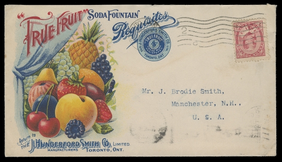 THE AFAB COLLECTION - CANADA  1904 (April 25) "True Fruit" Soda Fountain Requisites superb multi-coloured cover with original letter enclosed, franked with 2c carmine, small perf flaw, tied by Toronto machine cancellation, Manchester, NH, USA receiver backstamp; a remarkable cover with bright colours that really stands out, VF (Unitrade 90)