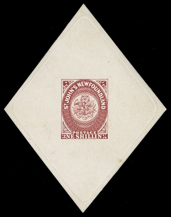 THE AFAB COLLECTION - NEWFOUNDLAND TRADE SAMPLE PROOFS The Herts Philatelic Society,(1906 - defaced die) Trade Sample Proof taken from the menu for banquet held in 1906 with black paper adherence on back from the actual menu, engraved and printed in red on white glazed surface cardboard (0.01" thick), complete diamond shaped sinkage area, most appealing, VF