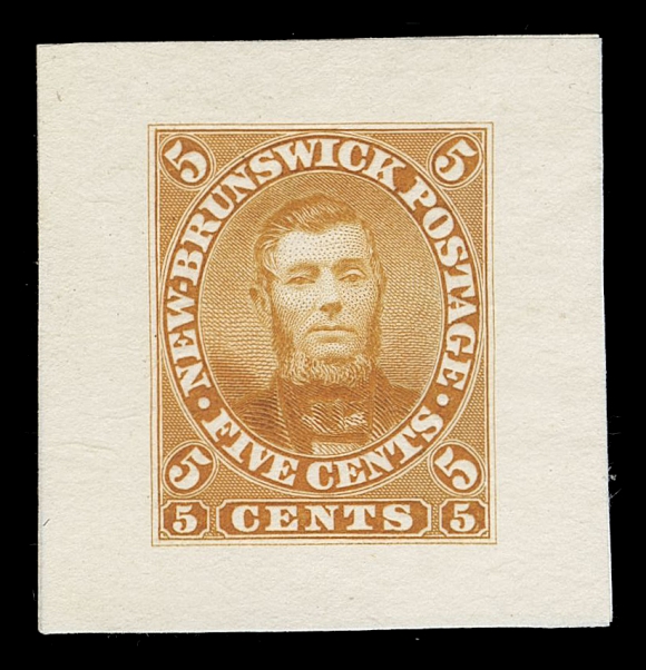 THE AFAB COLLECTION - NEW BRUNSWICK 5,"Goodall" Die Essay originating from the compound die, engraved, printed in orange on card mounted india paper 31 x 32mm. A fabulous essay in a radiant orange colour, very scarce, VF