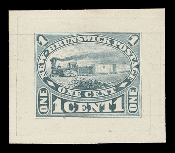 THE AFAB COLLECTION - NEW BRUNSWICK  6,"Goodall" Die Essay, engraved, printed in greenish blue on india paper 31 x 24mm, sunk on slightly larger card measuring 34 x 29mm, showing unadopted locomotive facing left instead of right as issued. A rare and most appealing die essay, in pristine condition, XF