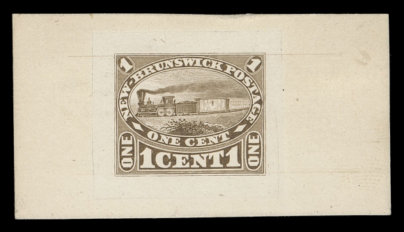 THE AFAB COLLECTION - NEW BRUNSWICK  6,“Goodall” Die Essay in dark yellowish brown on india paper 28 x 23mm, sunk on card 57 x 30mm; the unadopted design with Locomotive facing left. A rare and desirable die essay; in pristine condition, XF