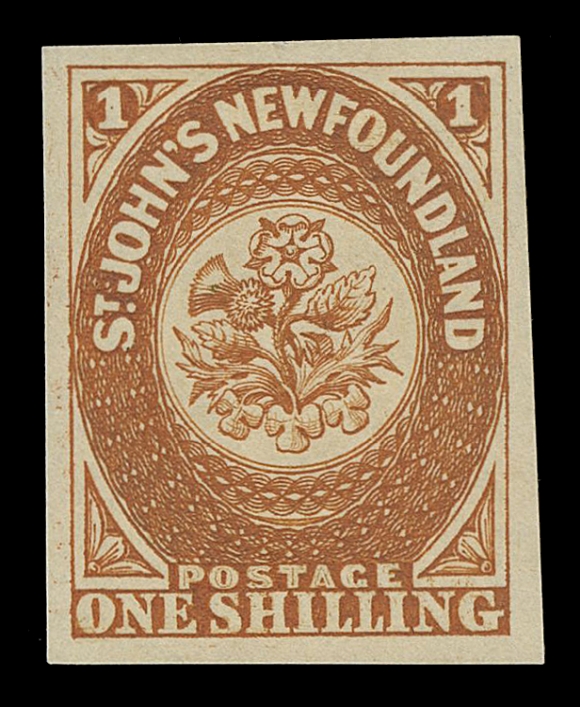 THE AFAB COLLECTION - NEWFOUNDLAND TRADE SAMPLE PROOFS Plate X,(1902 circa.) Perkins Bacon trade sample proofs that look very similar to issued 1857 or 1860 issue stamps, on yellowish wove paper (0.0035" thick), each with large margins. A striking group, VF
Expertization: each with 2004 Greene Foundation certificate (stating Minuse & Pratt 5P/9P, posthumous proof)
The paper is a cross between the thick white wove paper of 1857 and the medium wove paper at times found on the 1860 issue. See Pratt "The Pence Issues of Newfoundland 1857-1866" handbook on page 102.