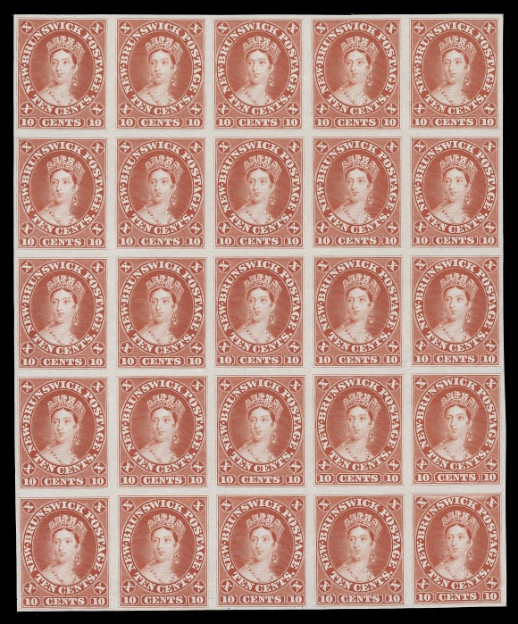THE AFAB COLLECTION - NEW BRUNSWICK  6/11,Four different denominations - 1c, 10c, 12½c & 17c - in plate proof blocks of sixteen in issued colours on india paper, minor india paper wrinkles on a few, otherwise in an excellent state of preservation, VF (Unitrade cat. $8,125)Tiny penciled plate positions lightly annotated on reverse for each proof.