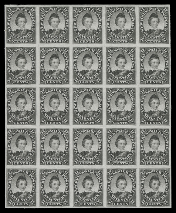 THE AFAB COLLECTION - NEW BRUNSWICK 6/11,Four different denominations - 1c, 10c, 12½c & 17c - in plate proof blocks of sixteen in issued colours on india paper, minor india paper wrinkles on a few, otherwise in an excellent state of preservation, VF (Unitrade cat. $8,125)
Tiny penciled plate positions lightly annotated on reverse for each proof.
