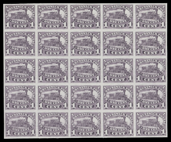 THE AFAB COLLECTION - NEW BRUNSWICK  6/11,Four different denominations - 1c, 10c, 12½c & 17c - in plate proof blocks of sixteen in issued colours on india paper, minor india paper wrinkles on a few, otherwise in an excellent state of preservation, VF (Unitrade cat. $8,125)Tiny penciled plate positions lightly annotated on reverse for each proof.