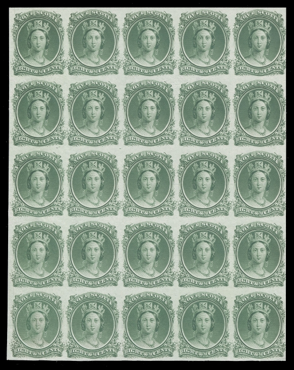 THE AFAB COLLECTION - NOVA SCOTIA  10-13,The four high values - 5c, 8½c, 10c & 12½c - in plate proof blocks of twenty-five printed in issued colours on india paper, minor wrinkles on a few, otherwise in an excellent state of preservation for these fragile proofs, VF (Unitrade cat. $5,750)Tiny penciled plate positions are lightly annotated on reverse for each proof.