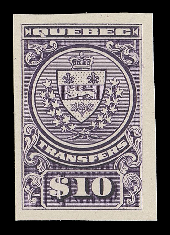 THE AFAB COLLECTION - CANADA  Qu?bec QST1-QST8,Complete set of eight plate proof singles, plus a 1913 Bilingual $10 purple plate proof, all in issued colours on card mounted india paper, choice, VF