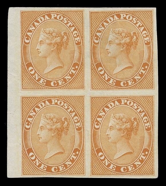 CANADA -  3 CENTS  14TCii + variety,Trial colour plate proof block printed in orange yellow on india paper, sheet margin at left, showing Re-entry (Position 51 listed in Whitworth, Trimble) at lower left, with prominent doubling of top framelines, marks in "N" of "CANADA" and "O" of "POSTAGE", uneven india paper at top right, scarce and especially desirable with the constant variety, VF (Cat. as four normal proofs)