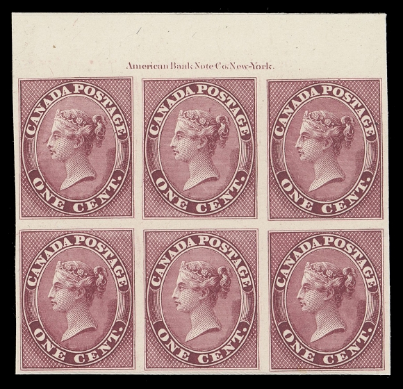 CANADA  14P,A superb plate proof block of six in a beautiful rich shade on card mounted india paper, full American Bank Note Co. New York imprint at top, XF