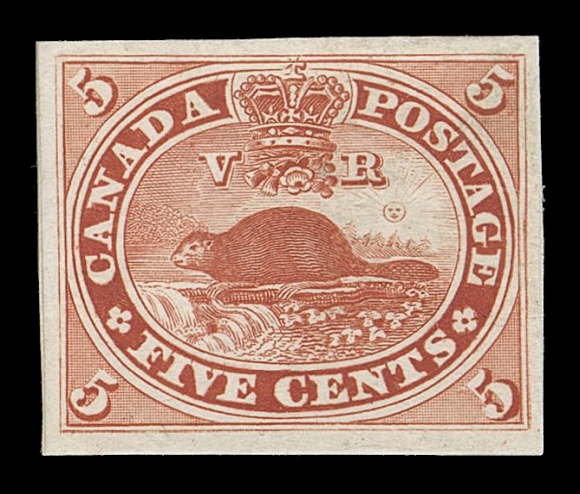 CANADA -  3 CENTS  15P + variety,Plate proof single clearly showing the elusive "Rock in Waterfall" plate variety (Position 53; State 10), VF and appealing
