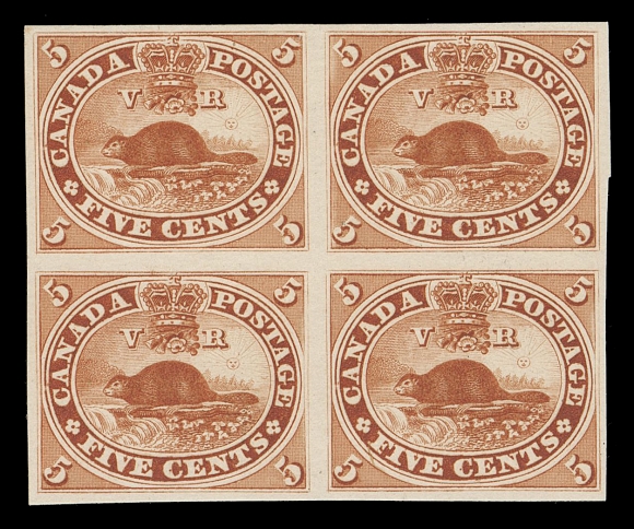CANADA -  3 CENTS  15TC,Trial colour plate proof block of four printed in orange vermilion on card mounted india paper, choice, XF