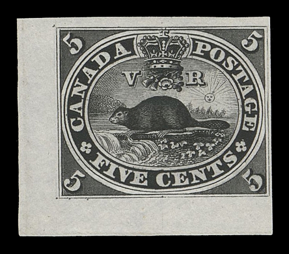 CANADA -  3 CENTS  15TCvii,Trial colour corner margin plate proof single in black on india paper, radiant colour and bold impression, a striking positional proof, VF