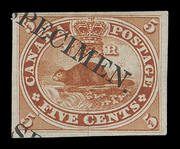 CANADA -  3 CENTS  15TCvi,A rarely encountered brown red trial colour plate proof on india paper, diagonal SPECIMEN overprint in BLACK and portion of second overprint at lower left, trivial minute pinhole, VF appearance,one of scarcest plate proofs of the entire Decimal series.