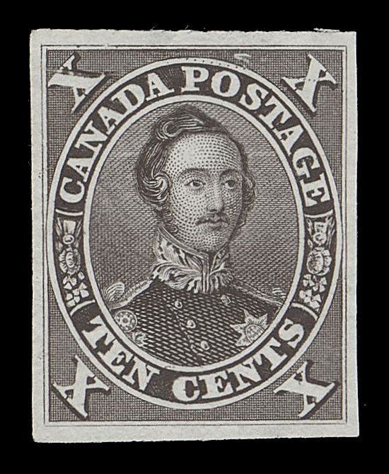 CANADA -  3 CENTS  16P + variety,Plate proof single on india paper with deep colour, exceptionally clear impression and showing the constant "String of Pearls" plate variety (Position 3), VF