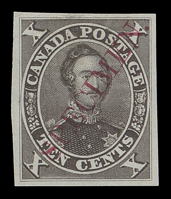 CANADA -  3 CENTS  16Pii,Plate proof single in india paper with the elusive diagonal SPECIMEN overprint in carmine, often missing from collections, VF