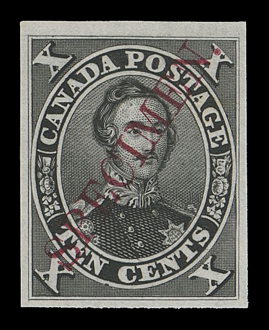 CANADA -  3 CENTS  16TCi,Trial colour plate proof in a lovely deep, rich black colour on india paper with diagonal SPECIMEN overprint in carmine, VF