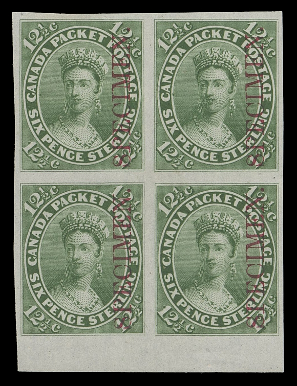 CANADA -  3 CENTS  18Pi + variety,Superb plate proof block on india paper with vertical SPECIMEN overprint in carmine, sheet margin at foot and showing the Major Re-entry (Position 94) at lower right with distinctive marks in first "E" of "PENCE", above "GE" of "POSTAGE", etc., the best known plate variety found on this denomination, VF and scarce (Cat. as normal proofs)