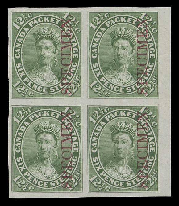 CANADA -  3 CENTS  18Pi,Plate proof block of four on india paper with vertical SPECIMEN overprint in carmine, sheet margin at right, choice and attractive, XF