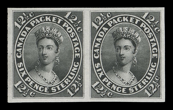 CANADA -  3 CENTS  18TCix,Trial colour plate proof pair printed in black on india paper, in remarkably choice condition, deep rich colour and sharp impression, a scarce multiple in superior condition, XF