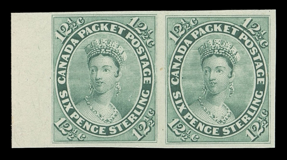 CANADA -  3 CENTS  18TC,Trial colour plate proof pair (Pos. 41-42) in blue green on card mounted india paper, sheet margin at left, VF