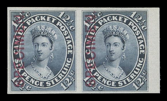 CANADA -  3 CENTS  18TCiii,A remarkable trial colour plate proof pair printed in blue on india paper, sheet margin at right; both positions display Type B vertical SPECIMEN overprints in carmine (thick letters). A beautiful pair originating from the sole sheet printed (only 40 examples received the Type B overprint), VF and very scarce