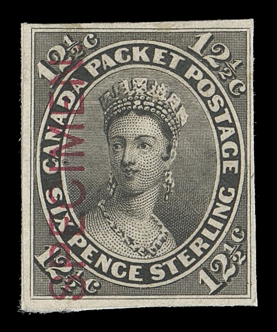 CANADA -  3 CENTS  18TCv,An elusive trial colour plate proof in black on card mounted india paper with vertical SPECIMEN (Type A) overprint in carmine, small margins and slight ageing. Only one sheet was printed of which five columns (50 proofs) received the Type A overprint, Fine and not often seen