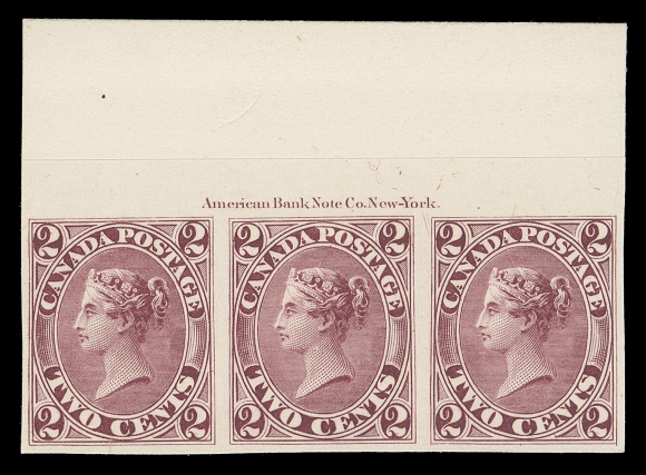 CANADA -  3 CENTS  20TC + variety,Trial colour plate proof strip of three printed in dark rose on card mounted india paper, displaying full ABNC imprint at top; all positions showing the dash in lower right "2" plate variety, VF (Cat. as normal single proofs)