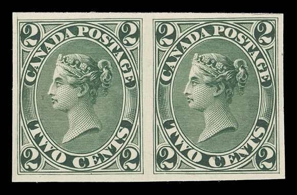 CANADA -  3 CENTS  20TCii + variety,Trial colour plate proof pair printed in green on card mounted india paper; left proof shows extension of vertical frameline at top left, VF and choice