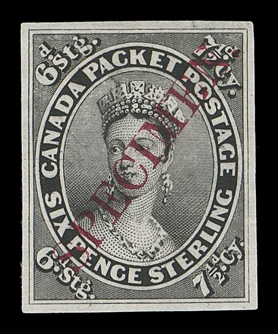CANADA -  2 PENCE  9TCii,Trial colour plate proof printed in black on india paper, with diagonal SPECIMEN overprint in carmine; missing from even the most advanced collections, VF
