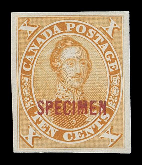 CANADA -  3 CENTS  16TCii + variety,An attractive trial colour plate proof in orange yellow on india paper with rarely seen SPECIMEN (11.5 x 2.5mm) overprint in red; this specimen exists on other Pence and Cents plate proofs, rarely encountered, VF; ex. Bertram Collection (February 1959; Lot 572)