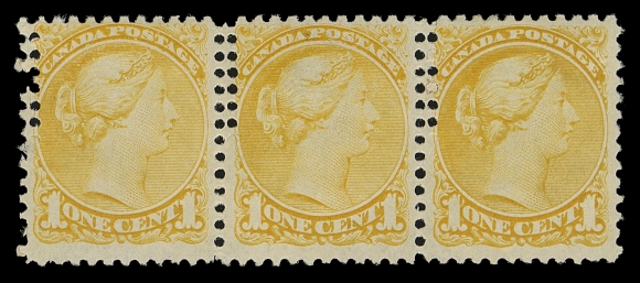 CANADA -  5 SMALL QUEEN  35i + variety,A fresh mint strip of three showing extra vertical perforations in upper half portion, minor perf thinning at left, a striking and seldom seen double perforation error, Fine OG (Unitrade 35i)
