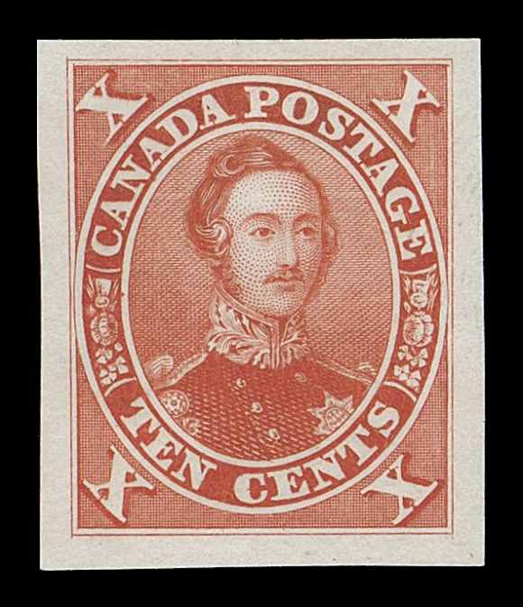 CANADA -  3 CENTS  16,"Goodall" Die Proof, engraved, printed in vermilion on india paper from the compound die (with the 12p stamp). Surrounded by large margins and in flawless condition, exceptionally fresh and choice, XF