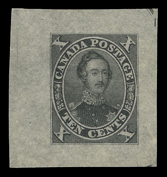 CANADA -  3 CENTS  16,A superb engraved "Goodall" Die Proof printed in dark violet brown on distinctive greyish thin hard bond paper 30 x 32mm, characteristic engraver