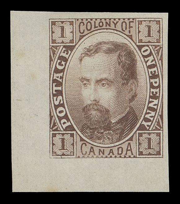 CANADA -  1 ESSAYS  A very appealing corner margin engraved Plate Essay printed in brown on white bond paper (0.004" thick), choice, XF