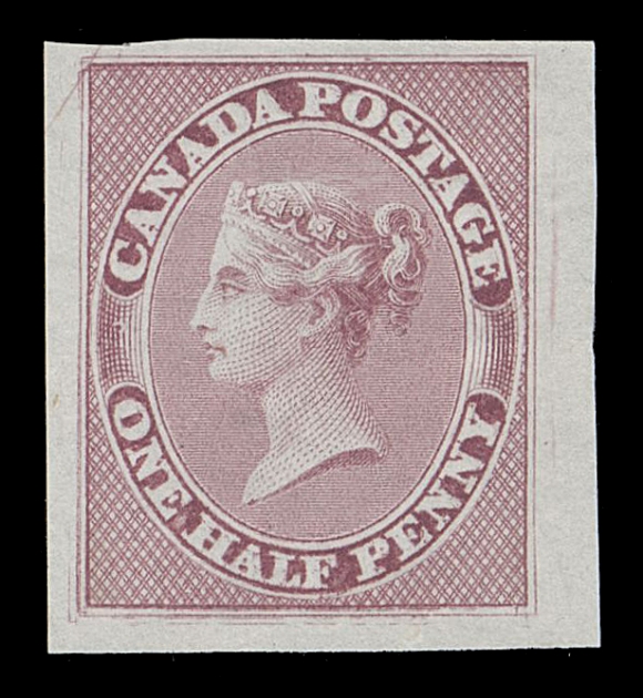 CANADA -  2 PENCE  8P + ii,A large margined plate proof single in issued colour on india paper, showing the sought-after Major Re-entry (Position 120 in the plate of 120 subjects) with strong doubling in many letters, framelines at foot and at lower left, characteristic diagonal line at top left, among other traits. A lovely proof displaying the most coveted plate variety found on this stamp, VF
