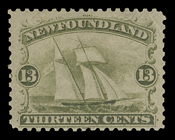 NEWFOUNDLAND -  2 CENTS  30,American Bank Note Co. trade sample proofs; two different engraved, perforated and gummed; in green on yellowish wove paper with vertical mesh and in black on thick white bond paper (0.0045" thick), lightly pen cancelled by the ABNC. A scarce and striking duo, F-VF OG