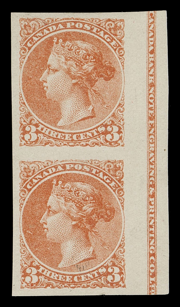 CANADA -  5 SMALL QUEEN  37,Canadian Bank Note Engraving & Printing Co. Plate Essay pair, lithographed, printed in a paler orange red on white coated surface wove paper, virtually complete CBN imprint in right margin, VF and appealing
