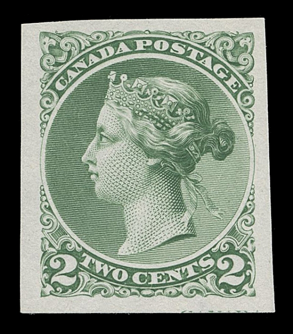 CANADA -  5 SMALL QUEEN  36,Canadian Bank Note Engraving & Printing Co., four engraved Plate Essays - in orange and in green on thin Japanese paper; and in green and deep blue on india paper. All with large margins and in choice condition, VF