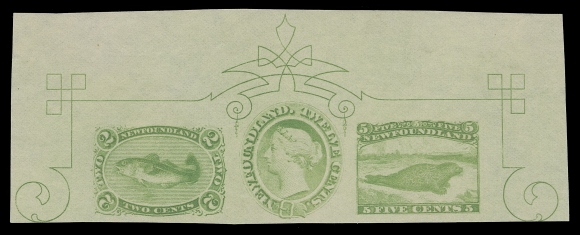 NEWFOUNDLAND -  2 CENTS  24, 25, 28,Top portion of a trade sample sheet showing an intact strip of  three proofs with 2c Codfish, 12c Queen Victoria and 5c Harp  Seal, printed in a beautiful bright green colour on white wove  paper with distinctive horizontal mesh (0.003" thick), full  ornamental scroll in sheet margins. A fabulous item of great  beauty, XF and rare (Minuse & Pratt PB-Aa)