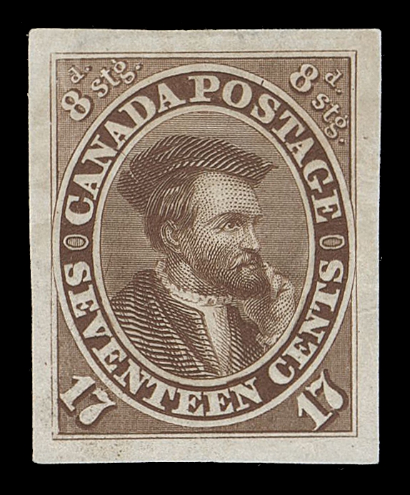 CANADA -  3 CENTS  19,Trial Colour Die Proof, stamp size, engraved and printed in brown on india paper, very large even margins all around. Colour is noticeably different than any employed for "Goodall" die proofs. Most unusual and one of the very few we have seen, VF

Provenance: Bertram Collection of Canada, Shanahan